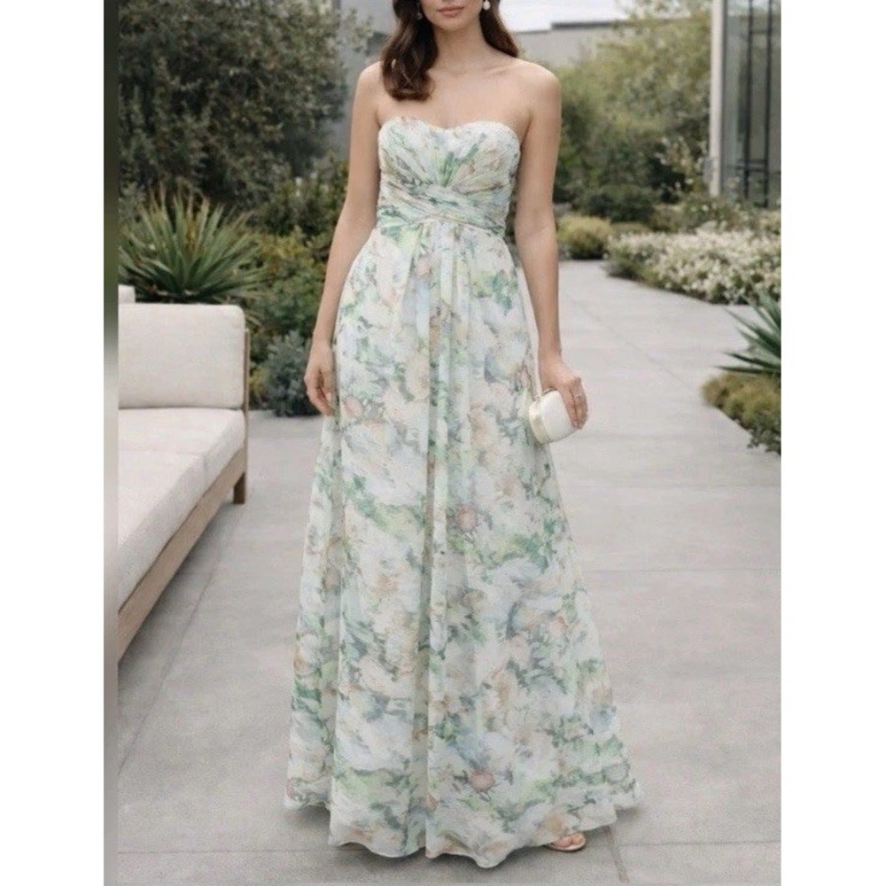 David's Bridal Green Print Strapless Chiffon Bridesmaid Formal Dress Size 10